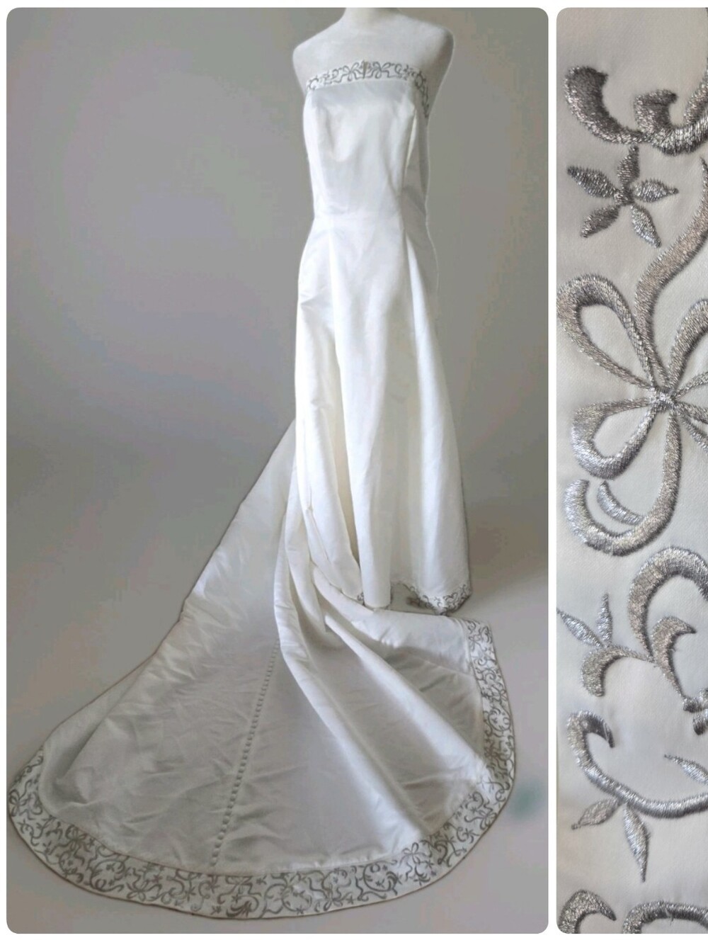 Vtg 90s Michelangelo Strapless Satin Wedding Gown, Stole, Train, Button, Bow, S